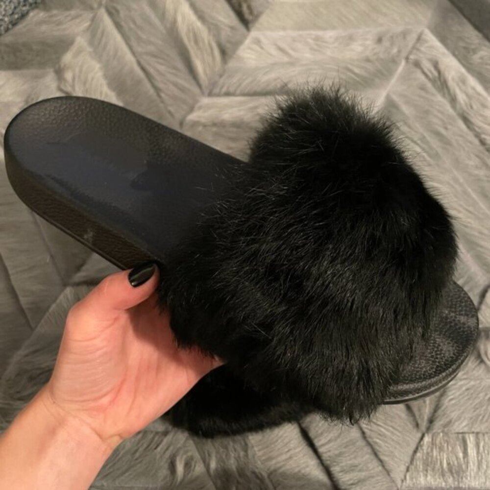 Maiden Lane Open Toe Fur Slip-On Slippers Black Size 11 - Picture 6 of 8